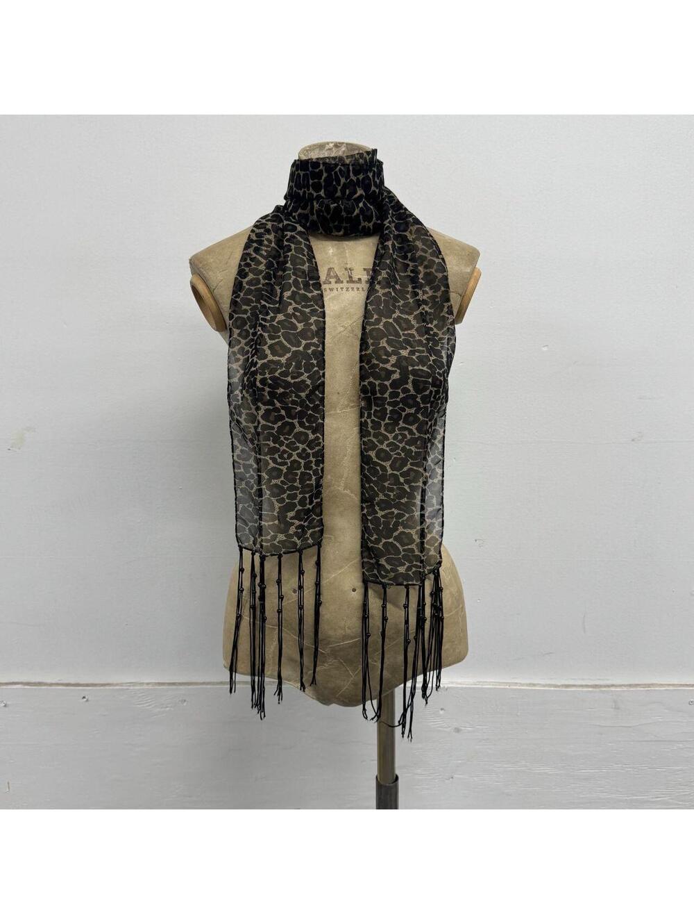 Vintage Y2K Sheer Leopard Print  Longline Skinny Scarf with Fringe